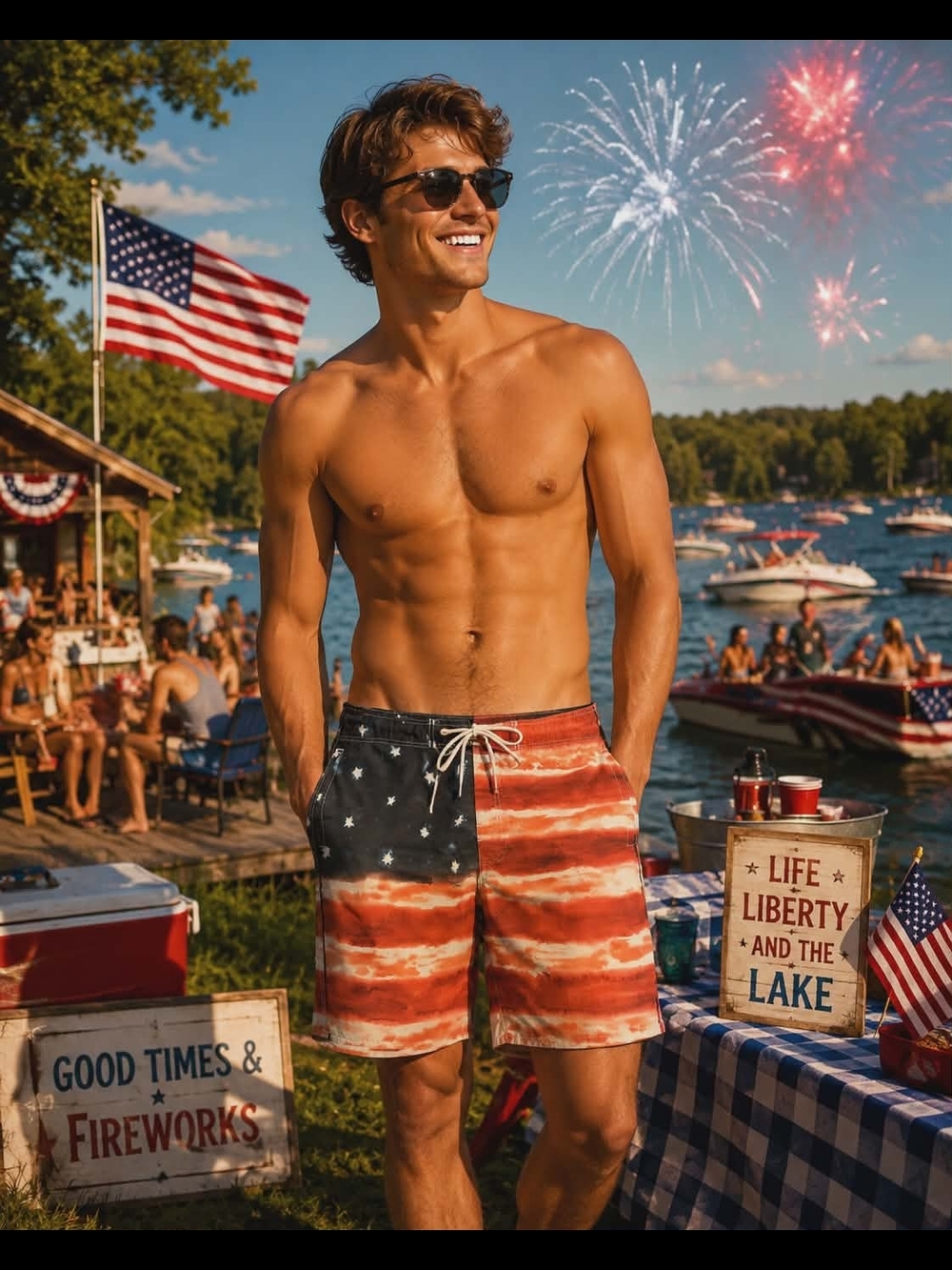 American Eagle Outfitters Patriotic Flag Board Shorts Men’s Large Red White Blue